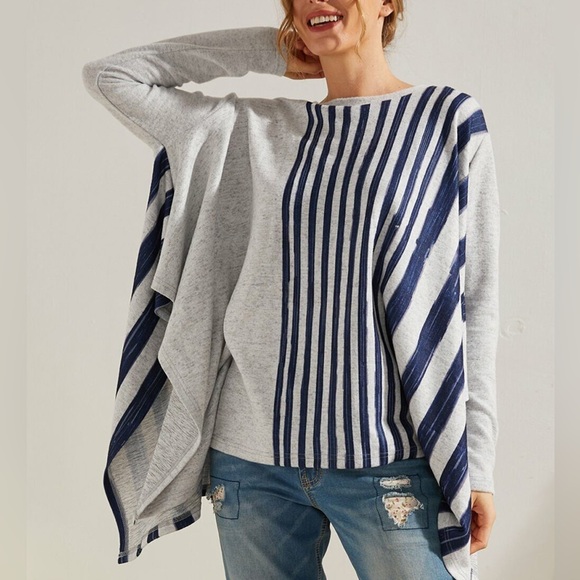 NEW Suzanne Betro Navy & Heather Gray Stripe Crew Neck Cape Style Tunic Top - Picture 1 of 8